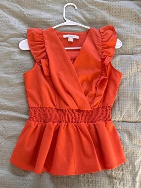 Orange Ruffle Sleeve Smocked Waist Peplum Top